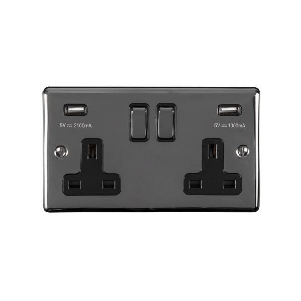 Switched Socket & USB Outlet - Black Nickel - 2 Gang - 2 Way - (EN2USBBNB)