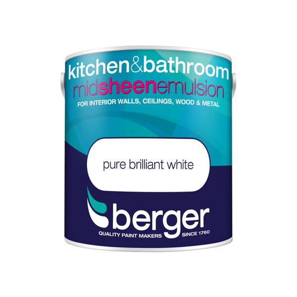Berger Bath & Kitchen Paint 2.5Lt - Pure Brilliant White - Mid Sheen